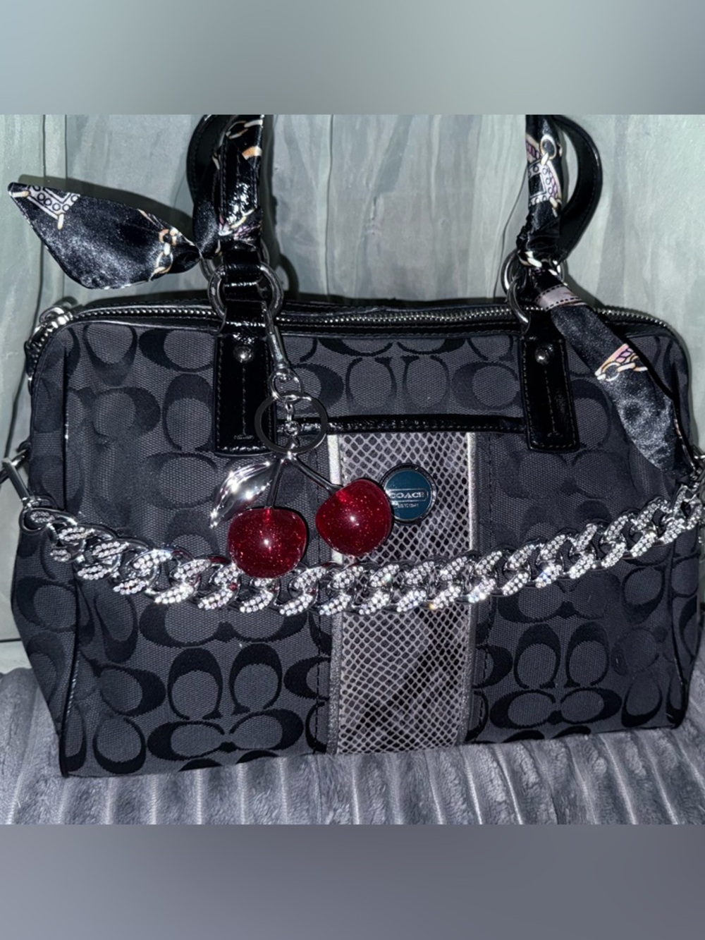 Coach Black Signature Satchel with Red Cherry Charm